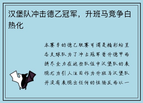 汉堡队冲击德乙冠军，升班马竞争白热化